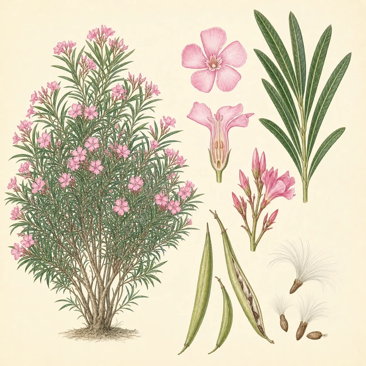 Ilustración botánica de Adelfa (Nerium oleander)