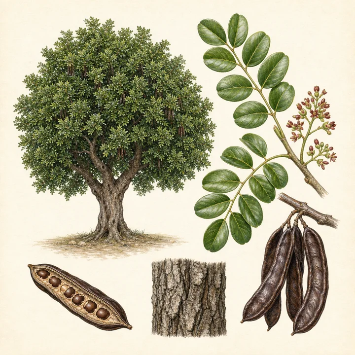 Ilustración botánica de Algarrobo (Ceratonia siliqua)