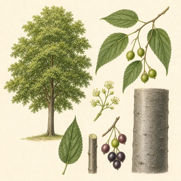 Ilustración botánica de Almez (Celtis australis)