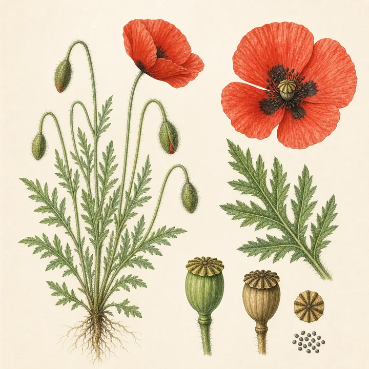 Ilustración botánica de Amapola (Papaver rhoeas)