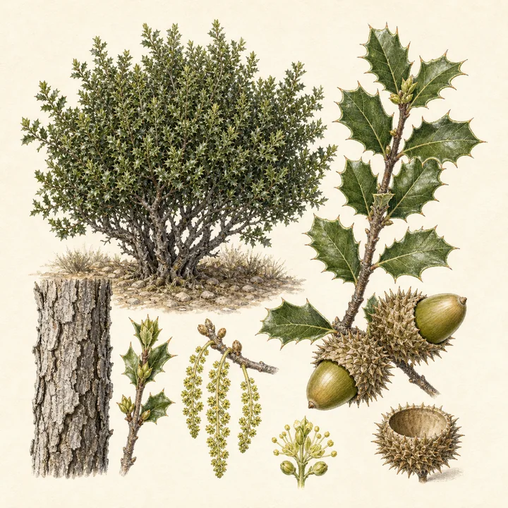 Ilustración botánica de Coscoja (Quercus coccifera)