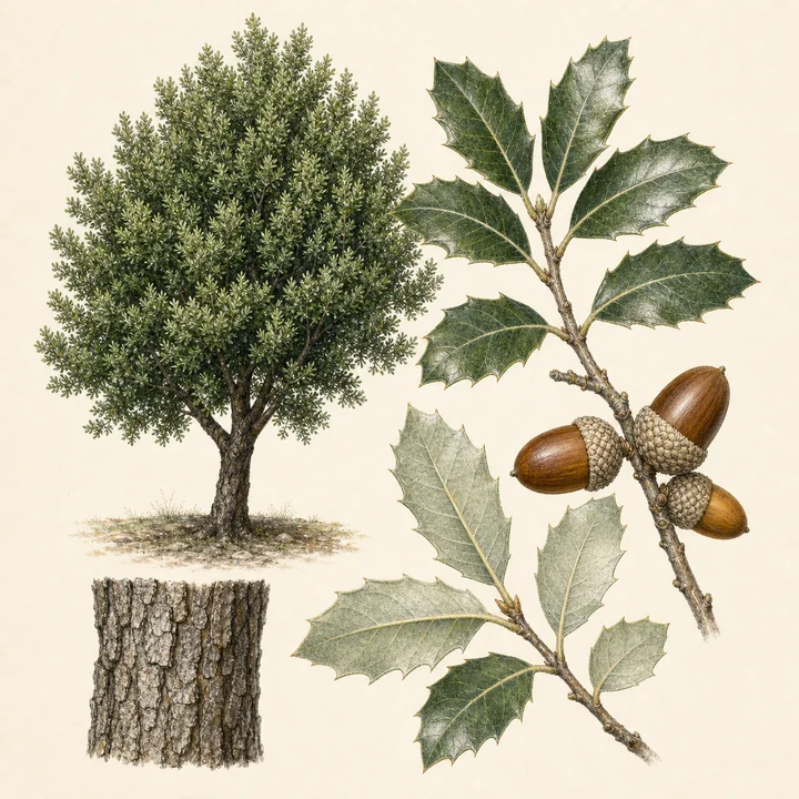 Ilustración botánica de Encina (Quercus ilex)