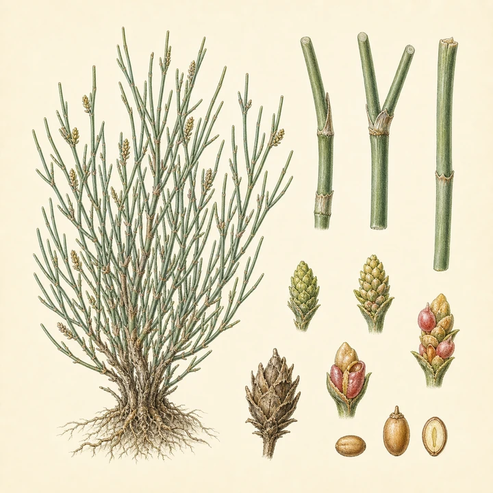 Ilustración botánica de Efedra (Ephedra fragilis)