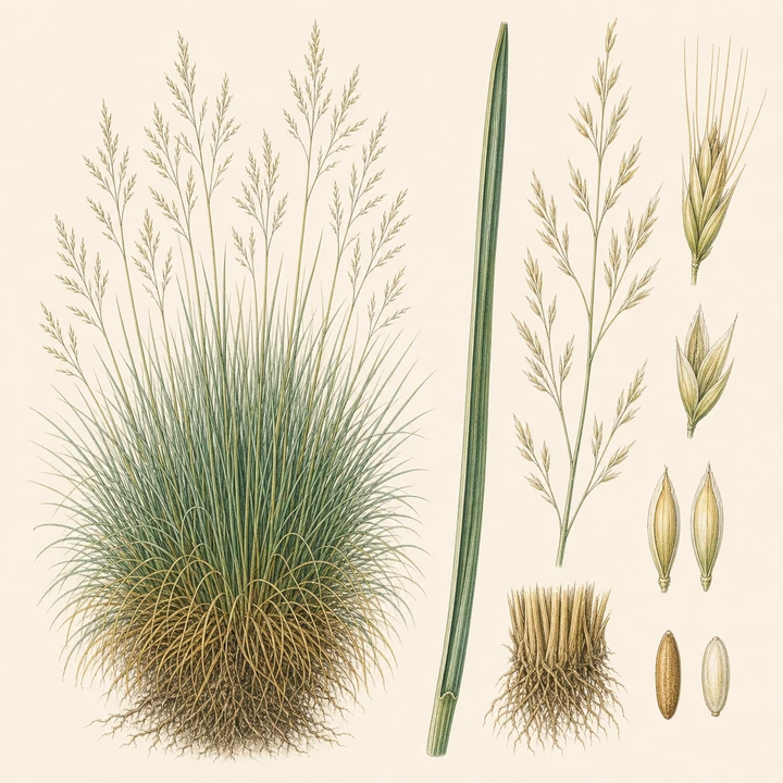 Ilustración botánica de Esparto (Stipa tenacissima)