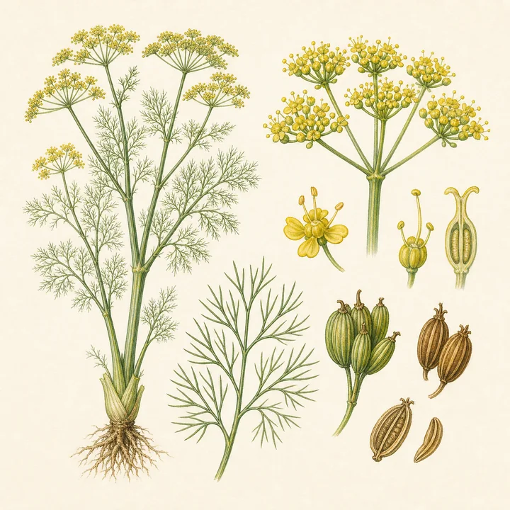 Ilustración botánica de Hinojo (Foeniculum vulgare)