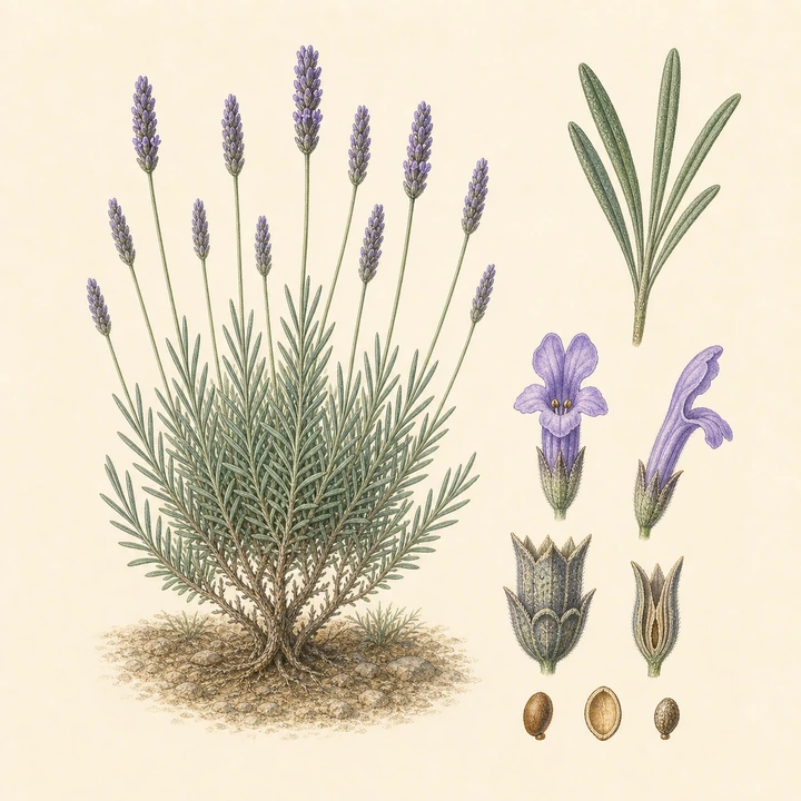 Ilustración botánica de Lavanda fina (Lavandula angustifolia)