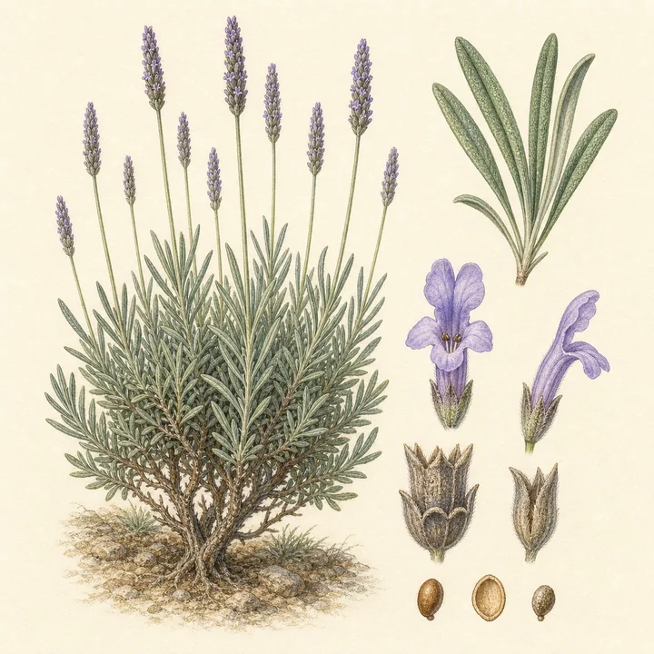 Ilustración botánica de Espliego (Lavandula latifolia)