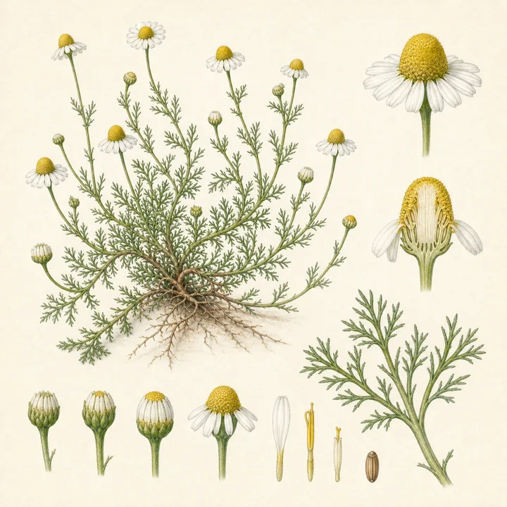 Ilustración botánica de Manzanilla (Chamaemelum nobile)