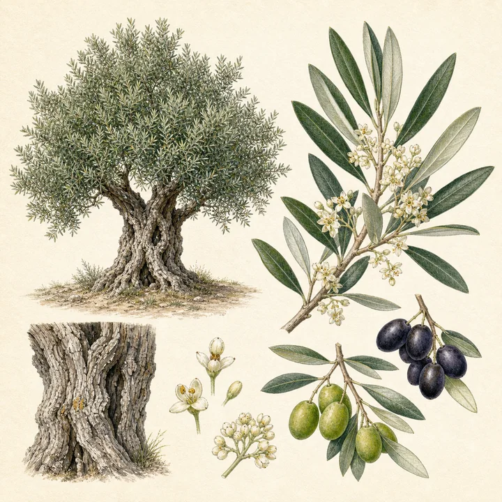Ilustración botánica de Olivo (Olea europaea)