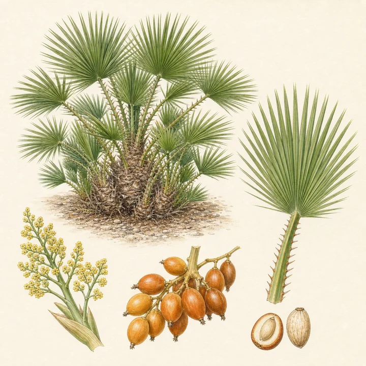 Ilustración botánica de Palmito (Chamaerops humilis)