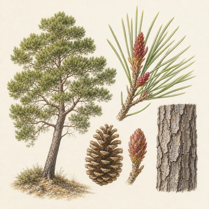Ilustración botánica de Pino carrasco (Pinus halepensis)