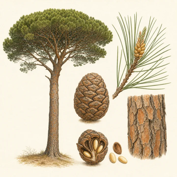 Ilustración botánica de Pino piñonero (Pinus pinea)