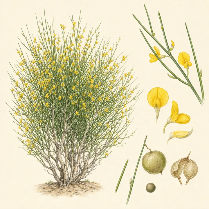 Ilustración botánica de Retama (Retama sphaerocarpa)