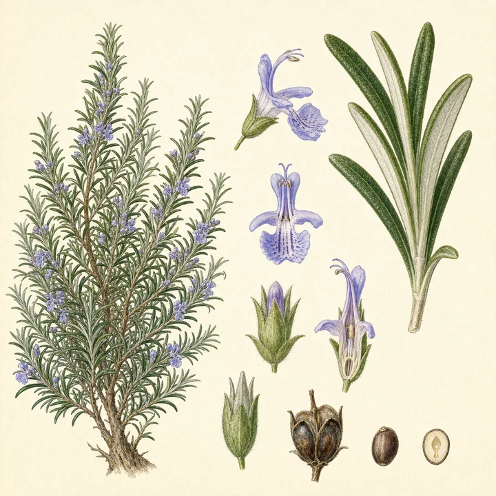 Ilustración botánica de Romero (Salvia rosmarinus)