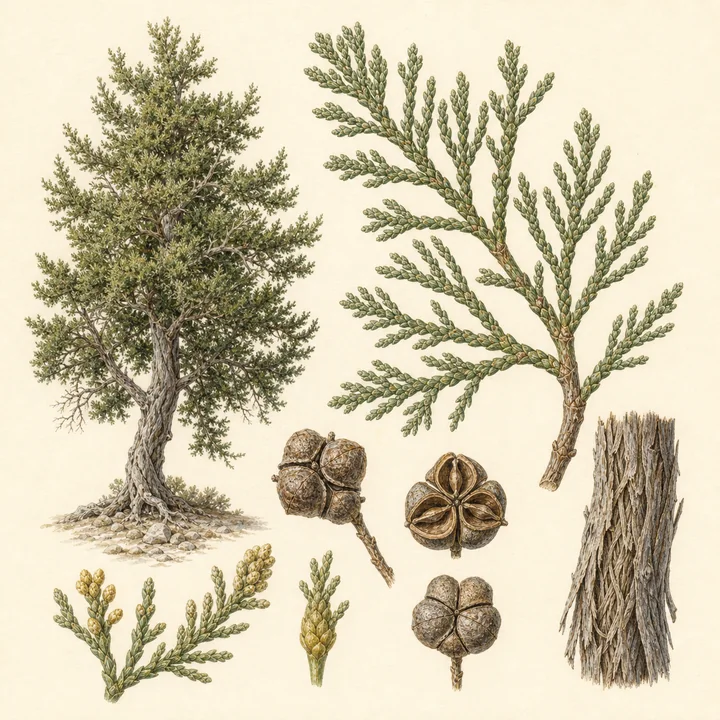 Ilustración botánica de Tetraclinis (Tetraclinis articulata)