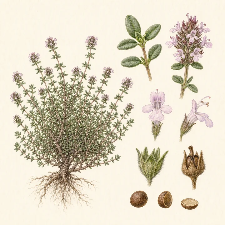 Ilustración botánica de Tomillo (Thymus vulgaris)
