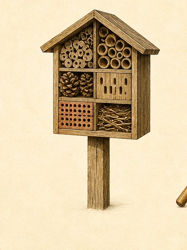 Ilustración de un hotel de insectos construido con madera y materiales naturales